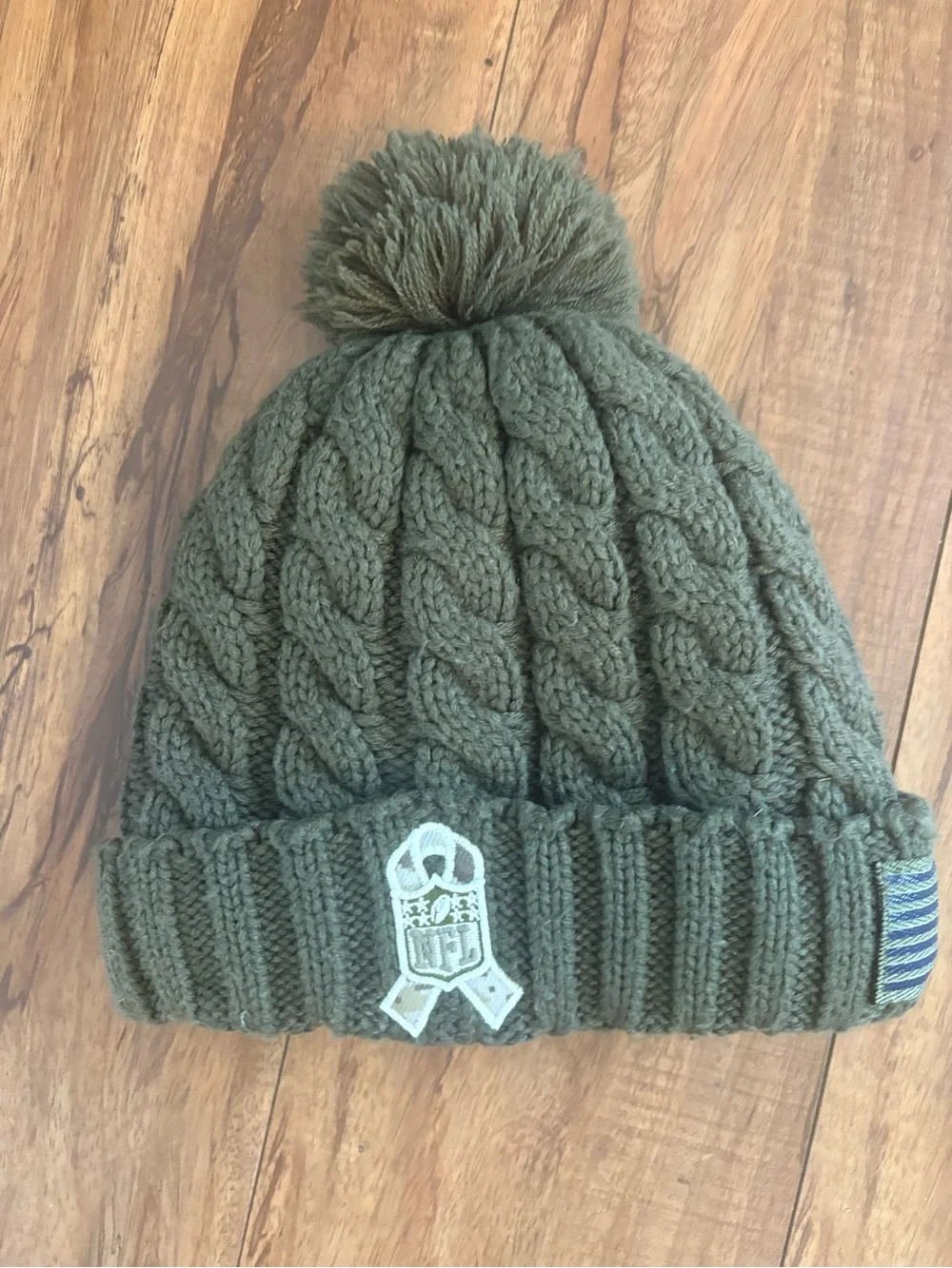New Era Olive Green Cable Knit Pom Beanie with Star & Flag Patches